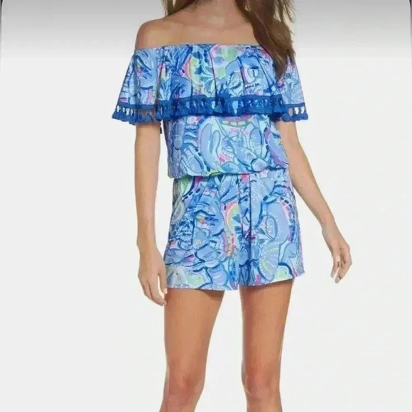 Lilly Pulitzer Pants - Lilly Pulitzer La Fortuna Blue Peri Pinch Romper Womens Off The Shoulder Sz 2XS